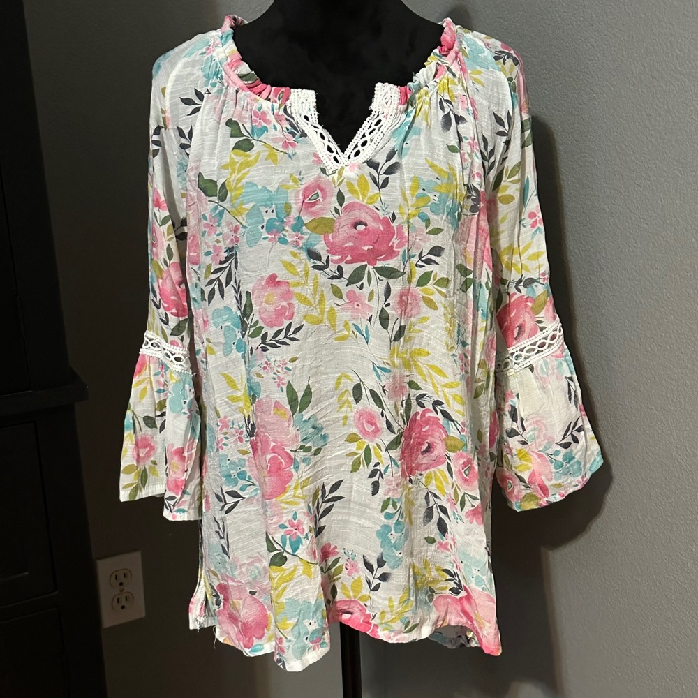 Ava & Grace Tunic Large Floral Blouse‎ Boho Top Cottagecore Peasant Top